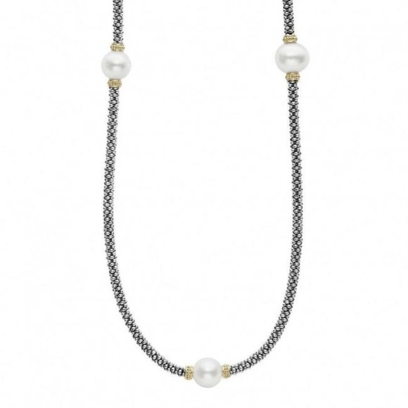 Lagos Silver/Gold Luna 925 Caviar Pearls Necklace 18"L - Picture 1 of 8